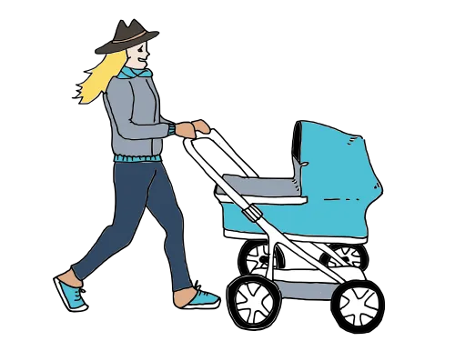 Henkilö työntää sinisiä lastenvaunuja.