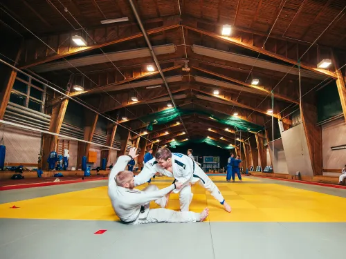 Kaksi judokaa harjoittelee tatamilla puuhallissa.