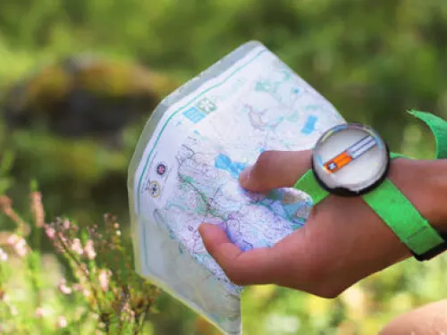 Käsi pitää karttaa metsässä, ranteessa kompassi.