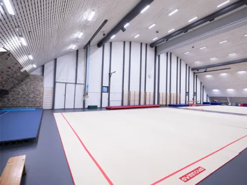 Voimistelusali, jossa on suuri vaalea matto ja korkea katto.