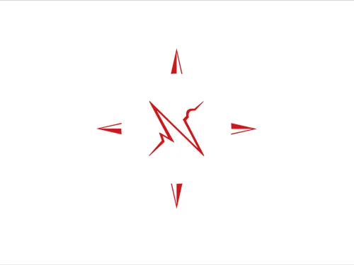 Hyvinvointikoulun logo. Punainen kompassiruusu valkoisella taustalla.