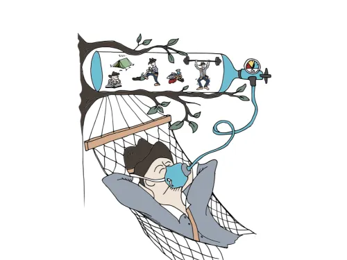 Riippumatossa lepäävä henkilö, puun oksalle kiinnitetty.