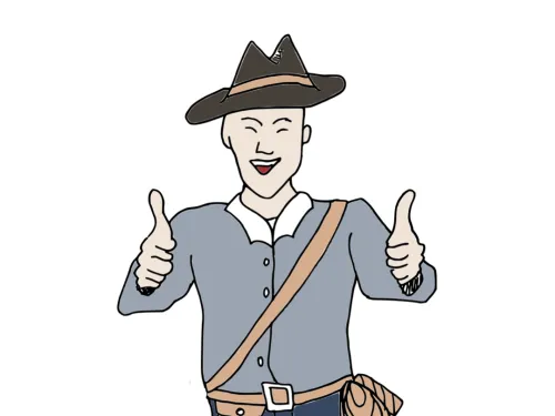 Hyvinvointikoulun hahmo näyttää tuplapeukkua ja hymyilee.