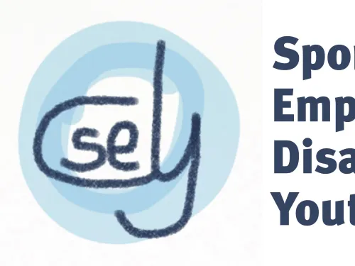 Logo: vaaleansininen ympyrä, teksti "Sport Empowers Disabled Youth".