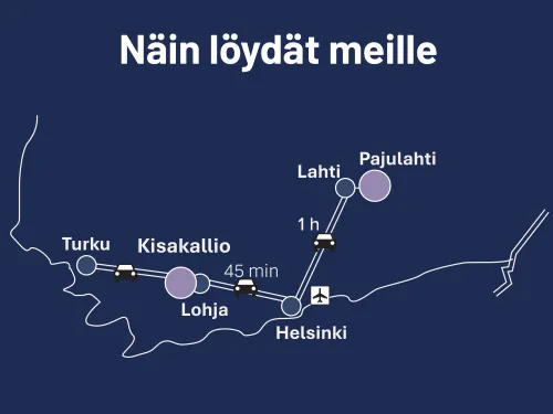 Kartta reiteistä Helsingistä Pajulahteen ja Kisakallioon. 