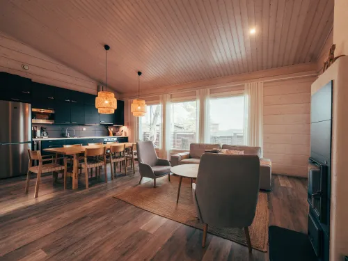 Kisakallion Villa Kaarinan olohuone ja keittiö.