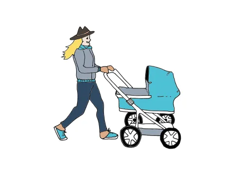 Nainen työntää lastenrattaita.