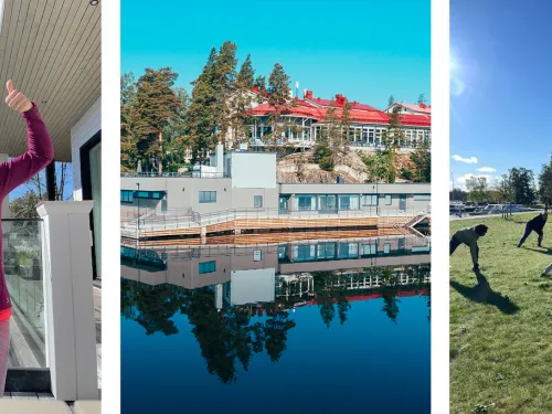 Kolme valokuvaa: nainen parvekkeella, rakennuksia vedellä, ihmiset harjoittelevat ulkona.