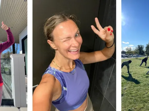 Kolme kuvaa: iloinen nainen kahdessa kuvassa ja kolmannessa jumpataan kesäisellä nurmella.