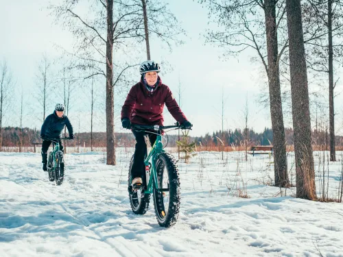 Kaksi ihmistä pyöräilee fatbikeilla lumisessa maisemassa.