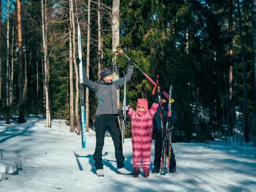 Kolme henkilöä hiihtää lumisessa metsässä, iloisia ja nostavat sauvat ylös.