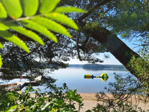 Rantamaisema, puita ja kelluva lelu järvessä.