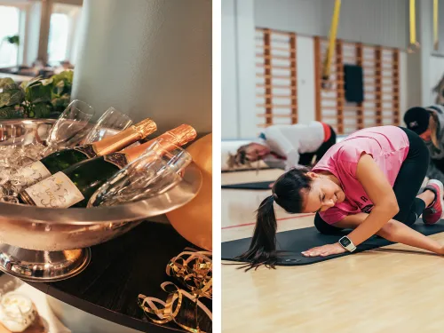 Kuohuviini jääpala-astiassa vappupallojen vieressä. Nainen venyttelee FasciaMethodissa.