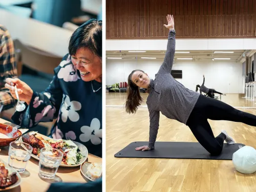 Kaksi kuvaa: nainen ravintolassa syömässä, nainen tekemässä pilatesta.