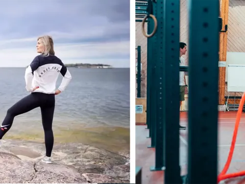 Hanna Pohja seisoo kalliolla meren rannalla ja toisessa kuvassa mies kiskoo voimakäysiä.