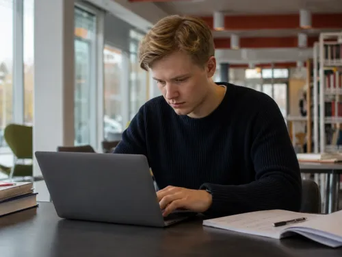 Nuori mies opiskelee kirjastossa kannettavan tietokoneen ääressä.