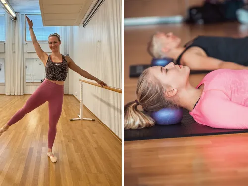 Jumppaope Joanna Mauno barren kanssa ja nainen makoilee fasciapallo pään alla