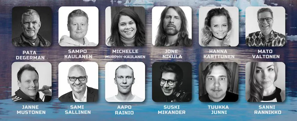 Valokuvakollaasi kahdestatoista henkilöstä.